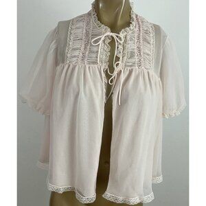 Vintage Snowden Women's M Light Pink Bed Jacket Nylon Lace Trim Tie Close